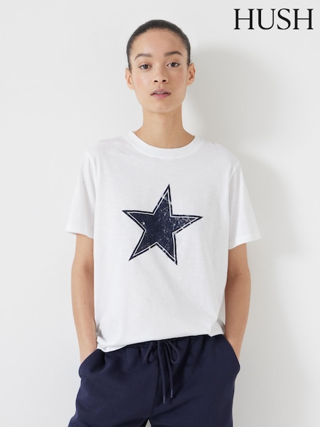 Hush White Star Graphic Slub 100% Cotton T-Shirt (F08369) | £40
