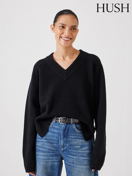 Hush Black Erica Merino Wool V-Neck Jumper (F08377) | £110