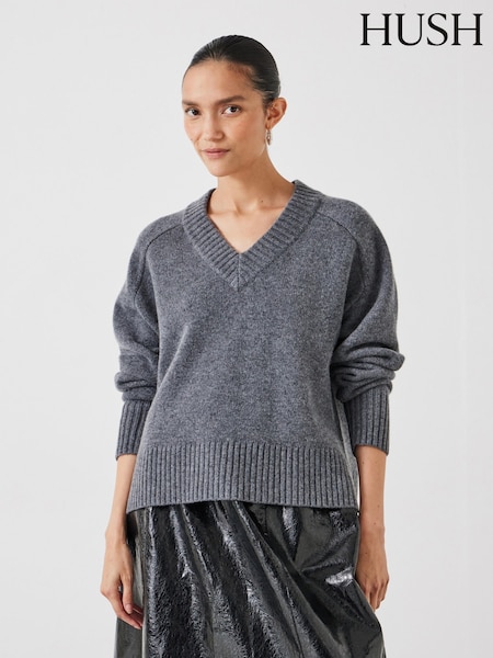 Hush Grey Erica Merino Wool V-Neck Jumper (F08378) | £110