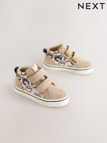Neutral Brown Bear Print Suede Touch Fastening High Top Trainers (F08560) | £20 - £22
