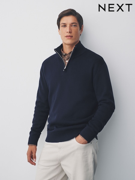 Navy Blue Plain Regular Fit Premium Quarter Zip Jumper (F08572) | £39