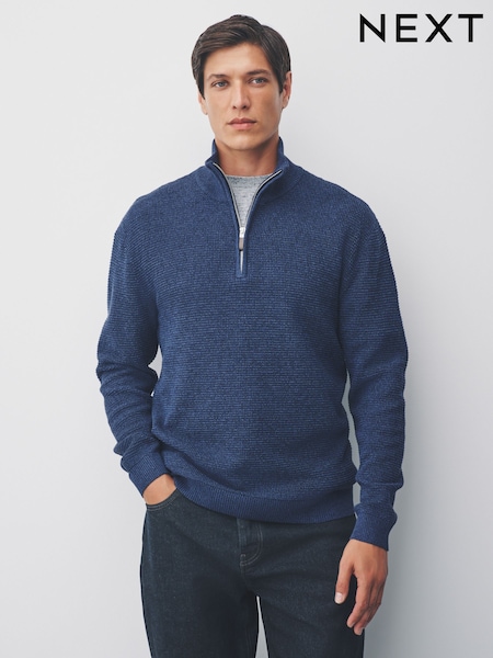 Blue Regular Fit Textured Premium Quarter Zip Jumper (F08580) | £39