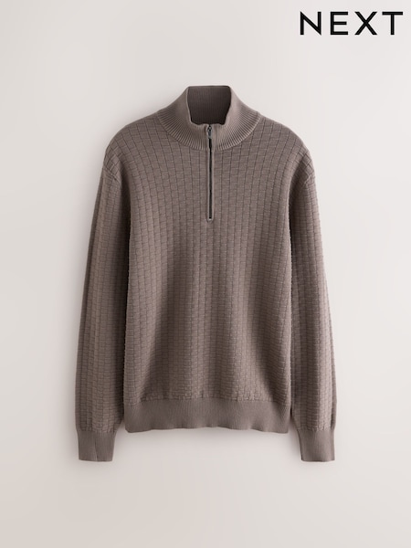 Truffle Brown Regular Fit Textured Premium Quarter Zip Jumper (F08586) | £39