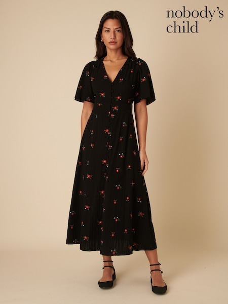 Nobodys Child Black Floral Bow Back Embroidered Andie Midi Dress (F08620) | £110