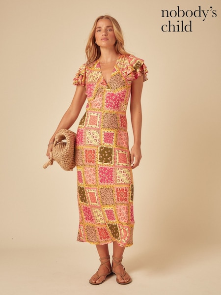 Nobodys Child Orange Layla Patchwork Print Ruffle Sleeve V-Neck Midi Dress (F08662) | £79