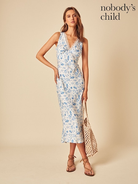 Nobodys Child Blue Erica Shell Print Lace Trim Midi Dress (F08674) | £89