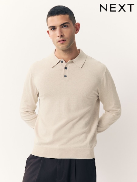 Neutral Marl Regular Fit Cotton Rich Long Sleeve Knitted Polo Shirt (F08679) | £30