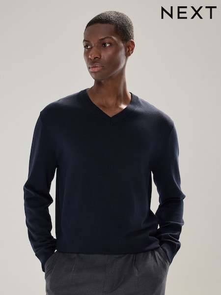 Navy Blue V-Neck Cotton Rich Long Sleeve Jumper (F08680) | £25