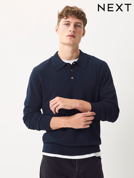 Navy Blue Regular Fit Cotton Rich Long Sleeve Knitted Polo Shirt (F08684) | £30