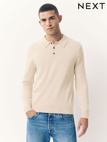 Neutral Marl Slim Fit Cotton Rich Long Sleeve Knitted Polo Shirt (F08687) | £30