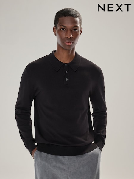 Black Regular Fit Cotton Rich Long Sleeve Knitted Polo Shirt (F08688) | £30