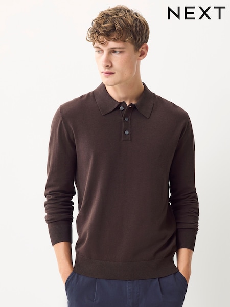 Brown Regular Fit Cotton Rich Long Sleeve Knitted Polo Shirt (F08689) | £30