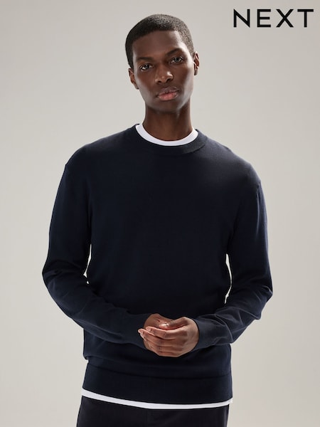 Navy Blue Plain Regular Fit Cotton Rich Crew Neck Jumper (F08692) | £25
