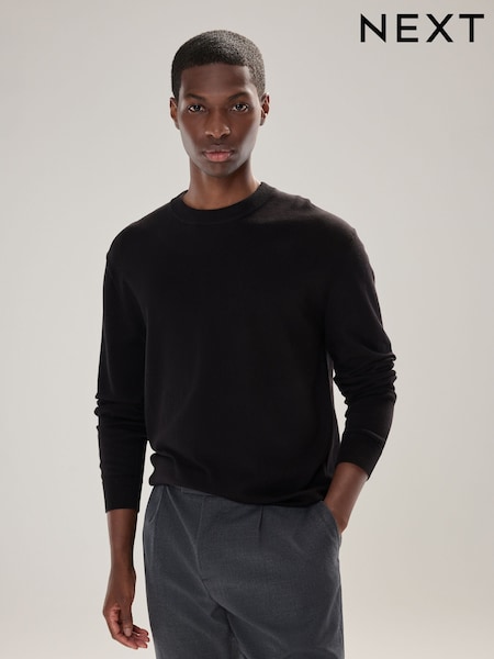 Black Plain Regular Fit Cotton Rich Crew Neck Jumper (F08701) | £25