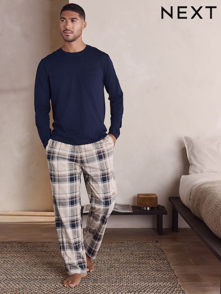 Neutral/Navy Check Jersey Short Sleeve Pyjamas Set 2 Pack (F08762) | £50