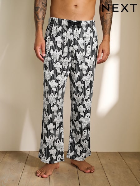 Black Halloween Ghost Stripe Jersey Long Pyjama Bottoms (F08763) | £18