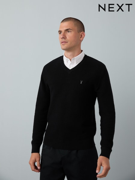 Black Regular Fit Textured Oxford V-Neck Mock Shirt Jumper (F08837) | £42