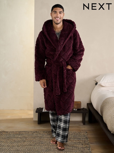 Burgundy Red Patterned Cut Borg Dressing Gown (F08852) | £36