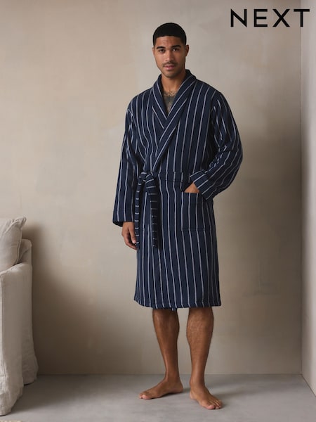 Navy Blue Stripe Cotton Towelling Dressing Gown (F08890) | £46