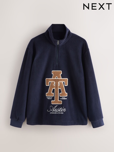 Navy Blue Thermal Fleece Cosy Zip Neck Graphic Top (F08917) | £30