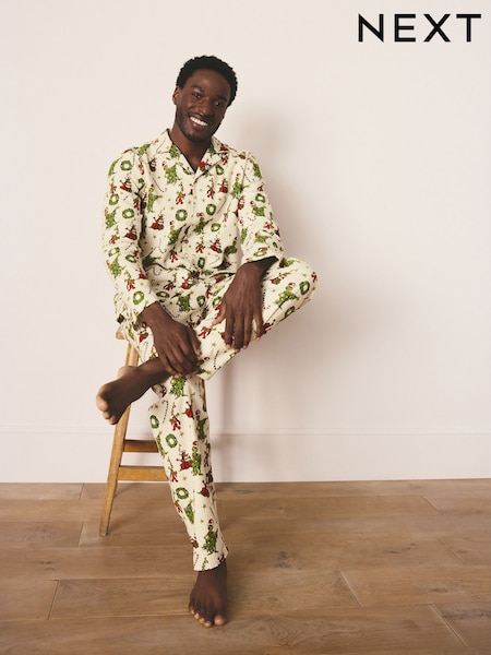 Cream The Grinch Matching Family Christmas Button Through Pyjamas (F08949) | £42