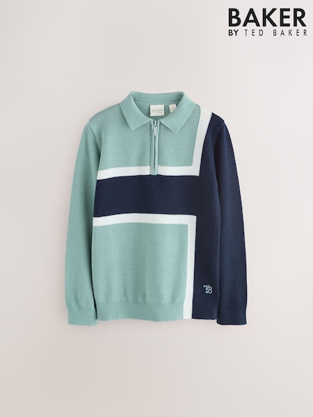 Baker by Ted Baker Green Knitted Colourblock Polo Shirt (F08963) | £24 - £30