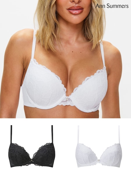 Ann Summers Black & White Pad Plunge 2 Pack Sexy Lace Underwired Bra (F08984) | £30