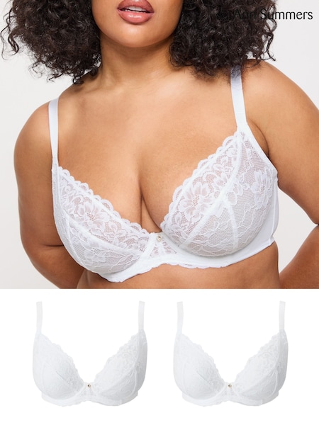 Ann Summers White DD+ Non Pad Plunge 2 Pack Sexy Lace Underwired Bra (F08993) | £30