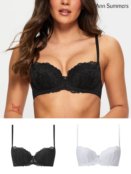 Ann Summers Black & White Pad Balcony 2 Pack Sexy Lace Underwired Bra (F09000) | £30