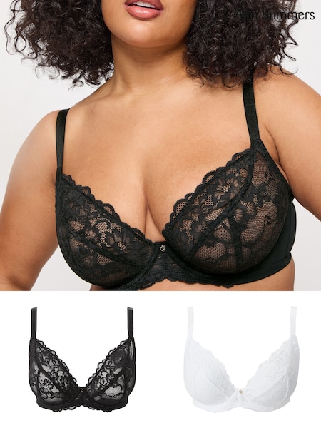 Ann Summers Black & White DD+ Non Pad Plunge 2 Pack Sexy Lace Underwired Bra (F09016) | £30