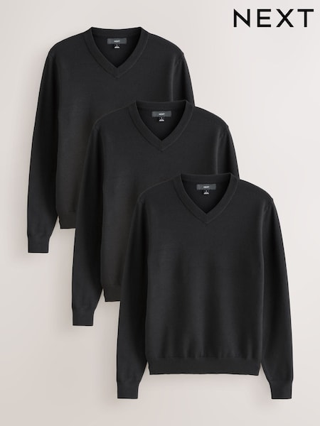 Black Regular Fit Soft Touch V-Neck Jumpers 3 Pack (F09024) | £54