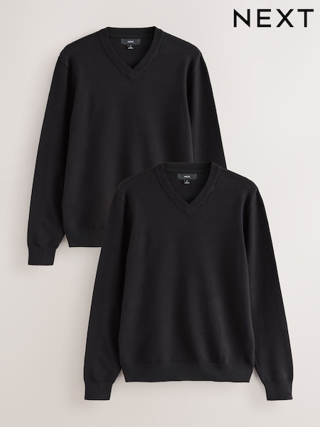 Black Regular Fit Soft Touch V-Neck Jumpers 2 Pack (F09026) | £36
