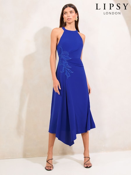 Lipsy Cobalt Blue Petite Applique Flower Trim Fit And Flare Midi Dress (F09042) | £86