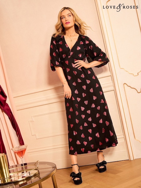 Love & Roses Black Heart Puff Sleeve Midi Dress (F09148) | £79