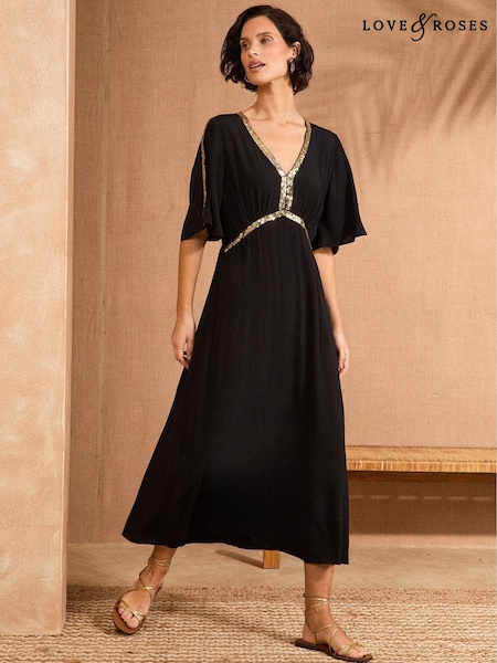 Love & Roses Black Sequin Angel Sleeve Midi Dress (F09175) | £62