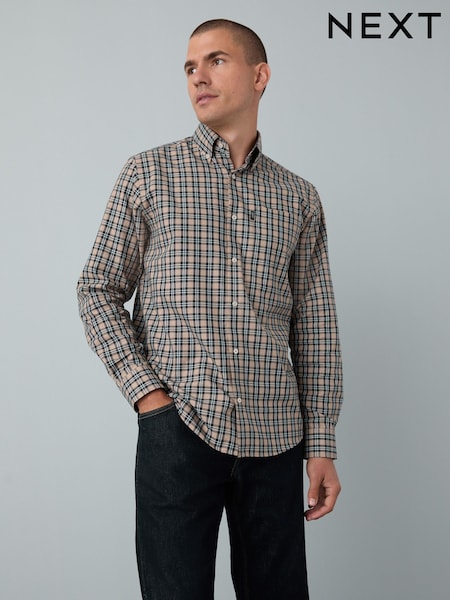 Neutral Brown Check Regular Fit Easy Iron Button Down Oxford Shirt (F09522) | £26