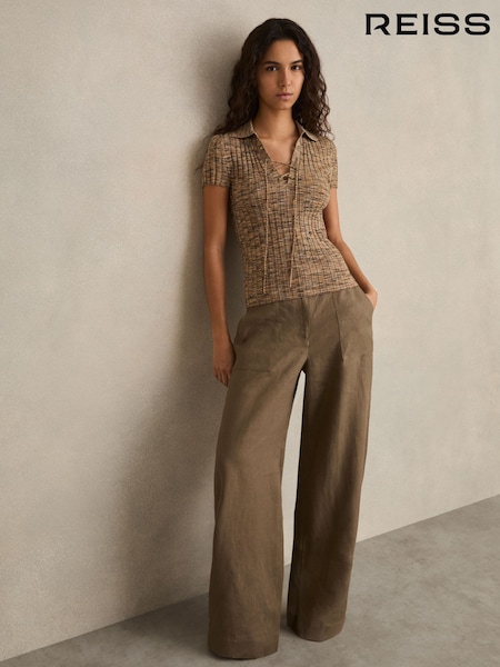 Reiss Camel Marl Poppy Lace Up Rib Knit Top (F09544) | £110
