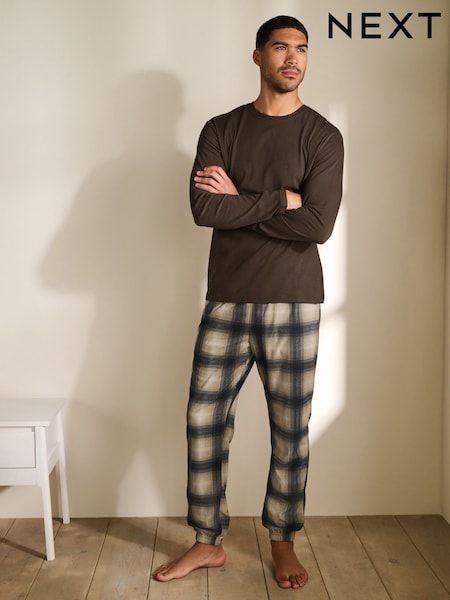 Neutral/Brown Check Motionflex Cosy Long Sleeve Cuffed Pyjamas (F09703) | £30