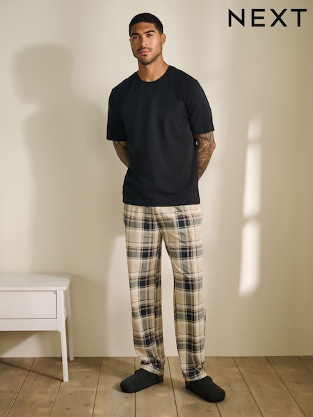 Neutral/Black Check Short Sleeve Jersey Pyjamas Set (F09709) | £26