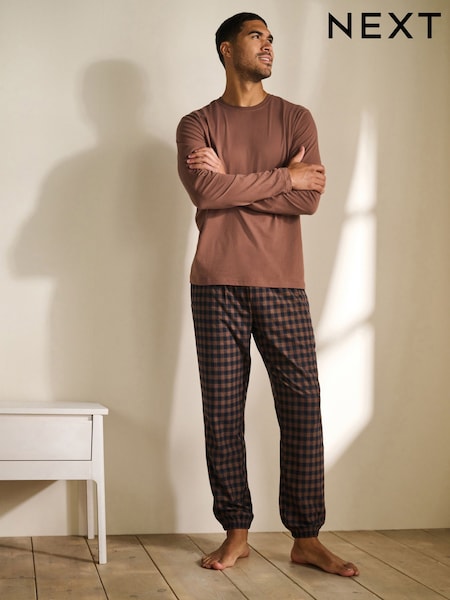 Rust Orange/Navy Blue Check Motionflex Cosy Long Sleeve Cuffed Pyjamas (F09715) | £30