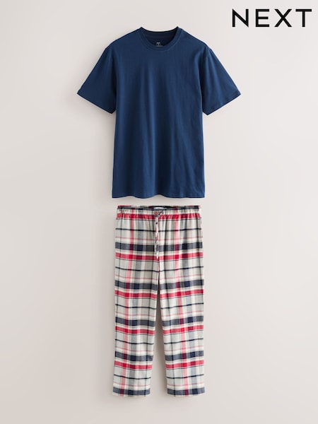 Navy Blue/Grey Check Woven Short Sleeve Pyjamas Set (F09717) | £32