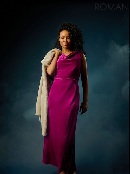 Roman Pink Petite Cowl Neck Velvet Maxi Dress (F09733) | £68