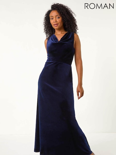 Roman Blue Petite Cowl Neck Velvet Maxi Dress (F09752) | £68
