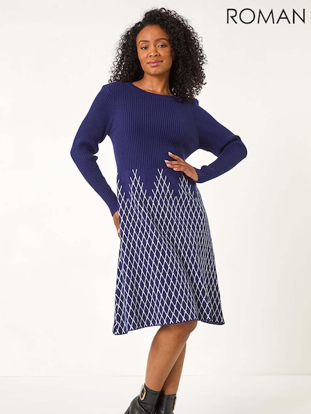 Roman Blue Petite Contrast Knit Dress (F09755) | £55