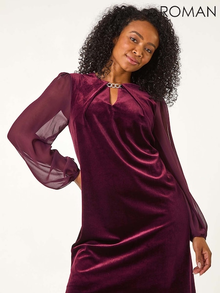 Roman Purple Petite Constrast Sleeve Velvet Dress (F09770) | £65