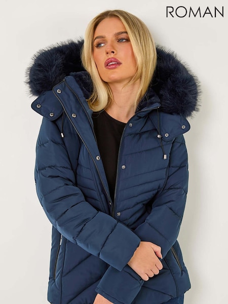 Roman Blue Petite Faux Fur Hood Puffer Coat (F09775) | £80