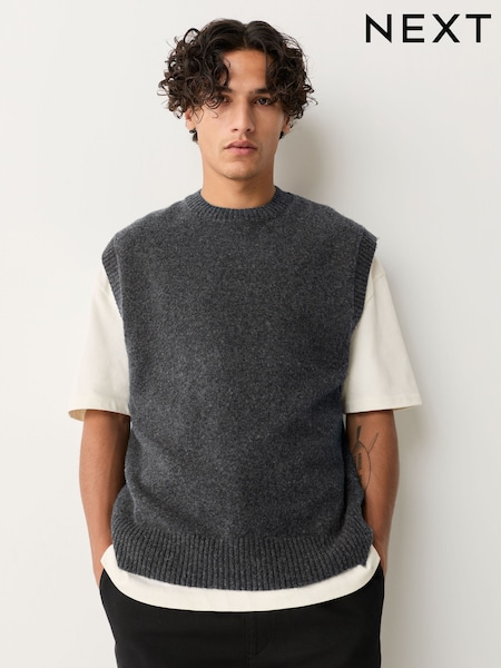 Charcoal Grey Relaxed Fit Cosy Crew Neck Knitted Tank Top with Wool (F09809) | £24