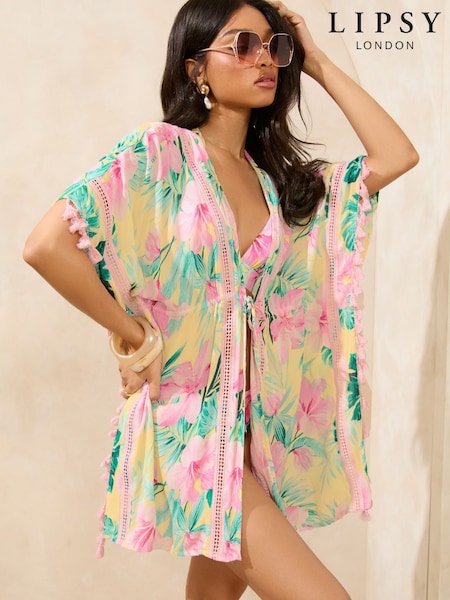 Lipsy Yellow Floral Short Kimono Lace Insert Mini Kimono (F09849) | £40