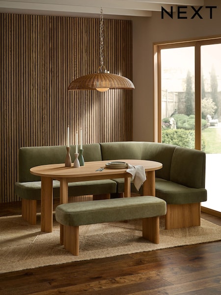 Relaxed Chenille Light Olive Nomad Right Hand Corner Dining Table and Corner Bench Set (F09986) | £1,899