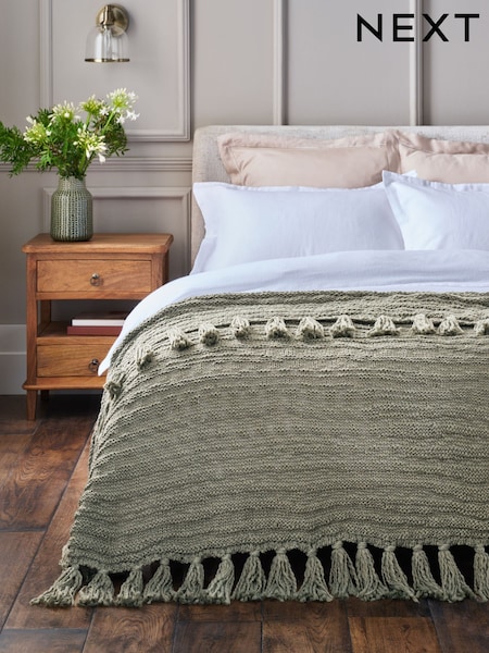 Sage Green Tassel Knit Throw (F11085) | £50 - £90